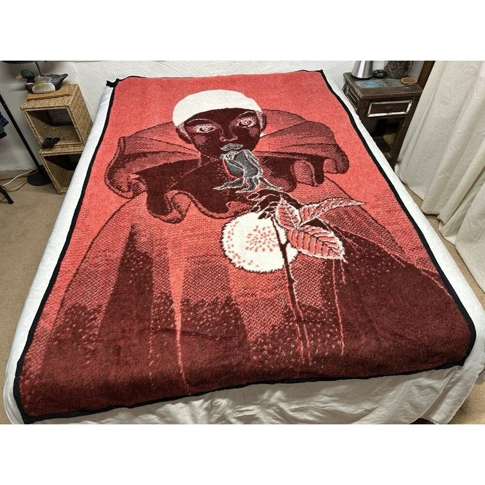 Vintage Acrylic Harlequin Sad Clown Rose Pierrot Throw Blanket Red Black 55x82”
